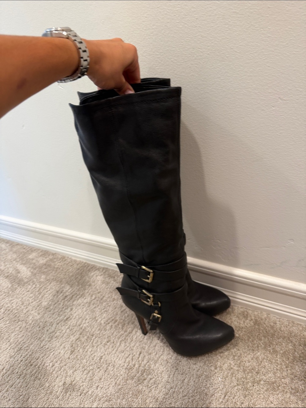 Women's Black Knee-High Buckle Stiletto Boots